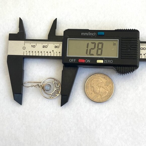 Sterling Silver 925 Round Moonstone Cabochon Round Scrollwork Dangle Earrings - Picture 13 of 16